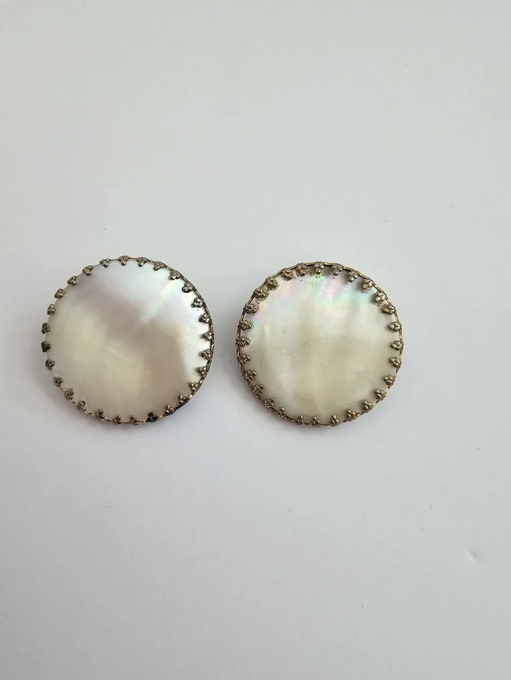 Vintage Mother of Pearl Clip-On Earrings Crown Dogtooth Bezel Statement Button​